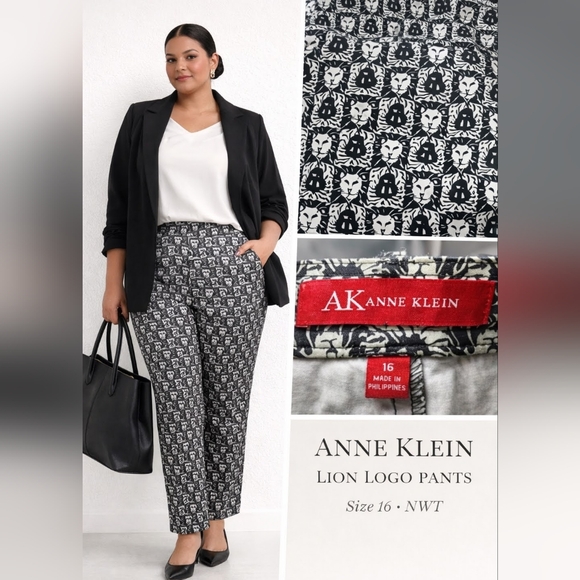 Pants - Anne Klein Lion Logo Pants Size 16 NWT Black White Straight Leg
